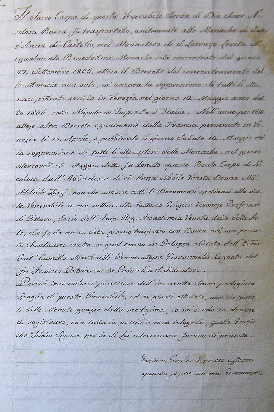 Gaetano Gresler, rukopis